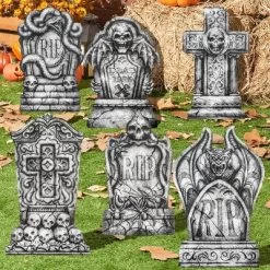 Joyfy 6 Pcs 15.7" Halloween Tombstones Outdoor Cemetery Decor, RIP Plastic Headstones Prop With 12 Metal Stakes For Yard Lawn Graveyard Decor -Festival Store GUEST 00a09283 6fa4 417b afe8 a0f79d98b9fa