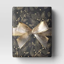 30” 25 Sq Ft Christmas Roll Wrap Gold Botanical On Black - Wondershop™