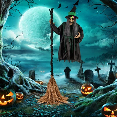 Tangkula Witch With Broomstick Halloween Animatronic Life Size Animated Halloween Prop With Laughing And Screaming Sound LED Lights 4 Tangkula Witch With Broomstick Halloween Animatronic Life Size Animated Halloween Prop With Laughing And Screaming Sound LED Lights - Image 4