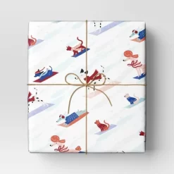 30” 25 Sq Ft Christmas Roll Wrap Dogs Sledding On Cream - Wondershop™