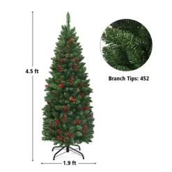 Costway 4.5Ft6.5Ft7.5Ft Pre-lit Hinged Pencil Christmas Tree W/Pine Cones Red Berries & 150250350 Lights
