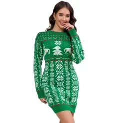 Women's Crew Neck Christmas Knit Dress, Slim - Fit Sweater Dress With Festive Patterns For Holiday Season -Festival Store GUEST 0f79d71e 0f72 469b a5cb 814e9f8e2599