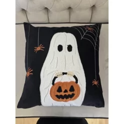 Halloween Ghost With Pumpkin Bucket Throw Pillow