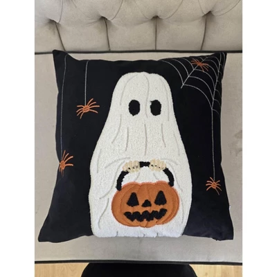 Halloween Ghost With Pumpkin Bucket Throw Pillow 1 Halloween Ghost With Pumpkin Bucket Throw Pillow