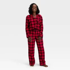 Women's Plaid Flannel Long Sleeve Shirt And Pants Holiday Matching Family Pajama Set - Wondershop™ Red/Black -Festival Store GUEST 2a4a105e 1d01 428d 95d8 1ac14f3375fd