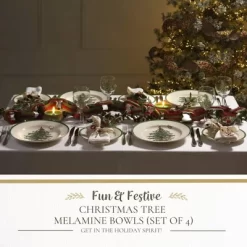 Spode Christmas Tree 6-Inch Melamine Bowls - Set Of 4 Festive Bowls For Soup, Dessert, Holiday Dishes - Durable, Dishwasher Safe - Versatile Tableware