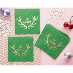 Juvale 50-Pack Green Be Merry In Gold Foil Disposable Paper Cocktail Napkins For Christmas Party Supplies