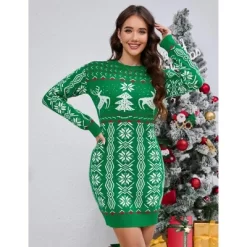 Women's Crew Neck Christmas Knit Dress, Slim - Fit Sweater Dress With Festive Patterns For Holiday Season -Festival Store GUEST 3c1b9be2 694e 40d9 85da 548c38b1d309