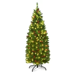 Costway 4.5Ft6.5Ft7.5Ft Pre-lit Hinged Pencil Christmas Tree W/Pine Cones Red Berries & 150250350 Lights -Festival Store GUEST 3ddf7b8c 5a1d 41e0 a694 b5afa39e0f0a