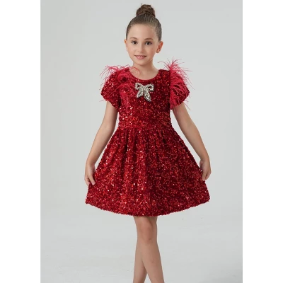 2Bunnies Girls' Christmas New Year Holiday Party Sequin Dress Feather Puff Sleeve 2 2Bunnies Girls' Christmas New Year Holiday Party Sequin Dress Feather Puff Sleeve - Image 2
