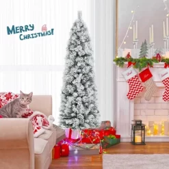 Costway 4.5 FT/6FT/7FT Pre-Lit Slim Christmas Tree Flocked Decoration With Pine Needles & Lights -Festival Store GUEST 49941363 8afc 4dc7 bd06 4e506b34e495