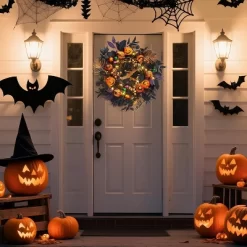 Halloween Wreath For Front Door, 20 Inch Pumpkin Wreaths With 20 LED Lights Ball Ornaments Berries, Pre Lit Halloween Decorations For Indoor Outdoor -Festival Store GUEST 49bb5ffc 7e44 4ab7 9d7e 0791a9115fa6