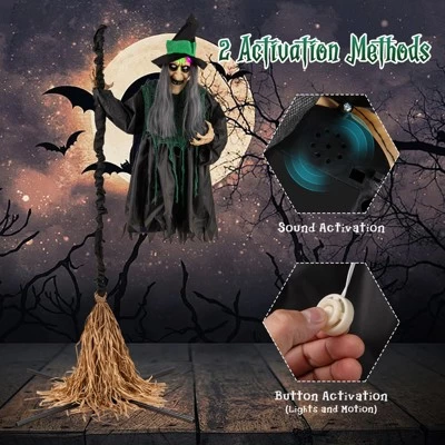 Tangkula Witch With Broomstick Halloween Animatronic Life Size Animated Halloween Prop With Laughing And Screaming Sound LED Lights 6 Tangkula Witch With Broomstick Halloween Animatronic Life Size Animated Halloween Prop With Laughing And Screaming Sound LED Lights - Image 6