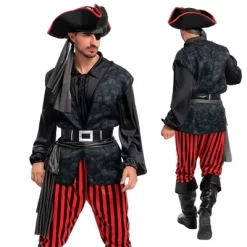 Joyfy Men Pirate Costume, Adult Pirate Shirt Vest Viking Pants Hat Set For Halloween Themed Parties