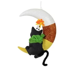 Bethany Lowe 5.25 In Party Kitty On Candy Corn Moon Halloween Tree Ornament , Halloween Decor Halloween Black Cat Mouse (1PC)