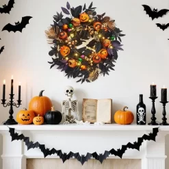 Halloween Wreath For Front Door, 20 Inch Pumpkin Wreaths With 20 LED Lights Ball Ornaments Berries, Pre Lit Halloween Decorations For Indoor Outdoor