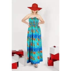 LA LEELA Women's A Line Slit Smocked Maxi Casual Beach Dress Tube Top Evening Long Strapless Christmas Tree Outfits For Women L-XL Blue