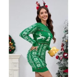 Women's Crew Neck Christmas Knit Dress, Slim - Fit Sweater Dress With Festive Patterns For Holiday Season -Festival Store GUEST 7ae41b19 61fd 4fa6 bcbf aad301d756c5