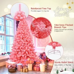 Costway 4.5/6.5/7.5 Ft Snow Flocked Hinged Artificial Christmas Tree W/ Metal Stand Pink -Festival Store GUEST 837a4217 8198 47cf 8602 f14317cef3ce