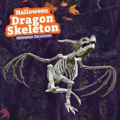 Halloween Dragon Skeleton- Large Indoor/Outdoor Plastic Bones Prop For Decor, Haunted Houses, W Invisible String For Hanging- Movable, Posable Parts
