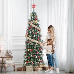 Pre-Lit Slim Christmas Tree With Warm White Lights, Pine Cones & Metal Stand — Weather-Resistant PVC Tips, 6/7.5/9/12 Ft -Festival Store GUEST 8f6f15fc e1b0 4111 96e9 f106503dd138