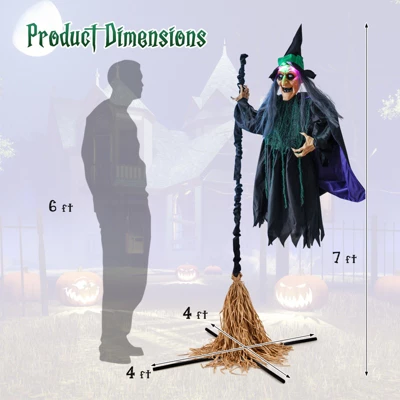 Tangkula Witch With Broomstick Halloween Animatronic Life Size Animated Halloween Prop With Laughing And Screaming Sound LED Lights 8 Tangkula Witch With Broomstick Halloween Animatronic Life Size Animated Halloween Prop With Laughing And Screaming Sound LED Lights - Image 8