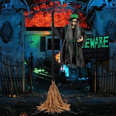 Tangkula Witch With Broomstick Halloween Animatronic Life Size Animated Halloween Prop With Laughing And Screaming Sound LED Lights 2 Tangkula Witch With Broomstick Halloween Animatronic Life Size Animated Halloween Prop With Laughing And Screaming Sound LED Lights - Image 2