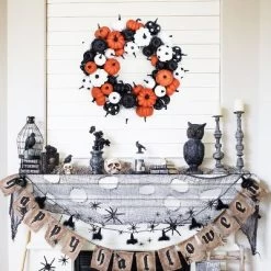 GAOMON 18 Inch Halloween Fall Wreath For Front Door, Black Orange White Artificial Pumpkin Wreath