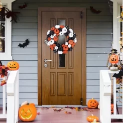 GAOMON 18 Inch Halloween Fall Wreath For Front Door, Black Orange White Artificial Pumpkin Wreath -Festival Store GUEST b37c5ff4 9413 4b6b 9d5c 9c832311936f