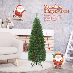 Costway 4.5Ft6.5Ft7.5Ft Pre-lit Hinged Pencil Christmas Tree W/Pine Cones Red Berries & 150250350 Lights -Festival Store GUEST ba0d5112 2b4c 4029 9cdc 73c2b0cde39d