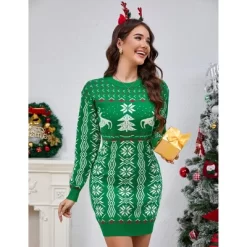 Women's Crew Neck Christmas Knit Dress, Slim - Fit Sweater Dress With Festive Patterns For Holiday Season -Festival Store GUEST bc36b6ef d041 4918 b68e aefca0cfbb7a