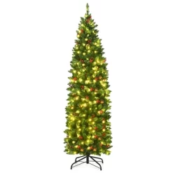 Costway 4.5Ft6.5Ft7.5Ft Pre-lit Hinged Pencil Christmas Tree W/Pine Cones Red Berries & 150250350 Lights -Festival Store GUEST bd14c1fe 7a07 43ef 86bb 104f8f9a0a90