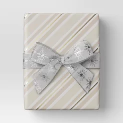 30” 25 Sq Ft Christmas Roll Wrap Blush/White/Gold Diagonal Stripes - Wondershop™