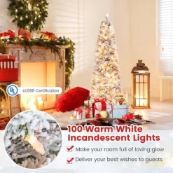 Costway 4.5 FT/6FT/7FT Pre-Lit Slim Christmas Tree Flocked Decoration With Pine Needles & Lights -Festival Store GUEST d6564827 5c3e 411f 9b05 9428ff1fc8cf