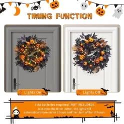 Halloween Wreath For Front Door, 20 Inch Pumpkin Wreaths With 20 LED Lights Ball Ornaments Berries, Pre Lit Halloween Decorations For Indoor Outdoor -Festival Store GUEST d8028fbb a92d 47b5 85d5 aee1ae6ebb3c