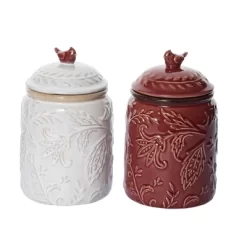Transpac Ceramic Embossed Cardinal Canister Set Of 2 For Christmas Home Decor Decorative Objects