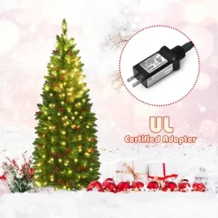 Costway 4.5Ft6.5Ft7.5Ft Pre-lit Hinged Pencil Christmas Tree W/Pine Cones Red Berries & 150250350 Lights -Festival Store GUEST e1374ccb 435c 4029 aa0b 080c49b90710