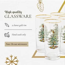 Spode Christmas Tree 15oz Highball Glasses, Set Of 4 - Gold-Rimmed Elegant Holiday-Themed Glassware, Festive Holiday Drinkware For Christmas Parties -Festival Store GUEST e45c2ff5 4c5f 4782 b77e eefae3e7ebce