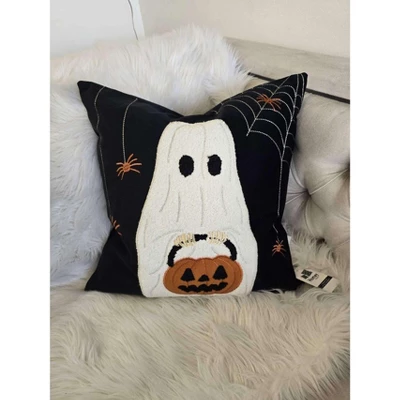 Halloween Ghost With Pumpkin Bucket Throw Pillow 2 Halloween Ghost With Pumpkin Bucket Throw Pillow - Image 2