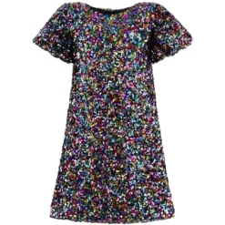 2Bunnies Girls' Christmas New Year's Colorful Stardust Sequin Dress Puff Sleeve -Festival Store GUEST ef2a54e6 f836 40a8 91b8 6df46dfef727