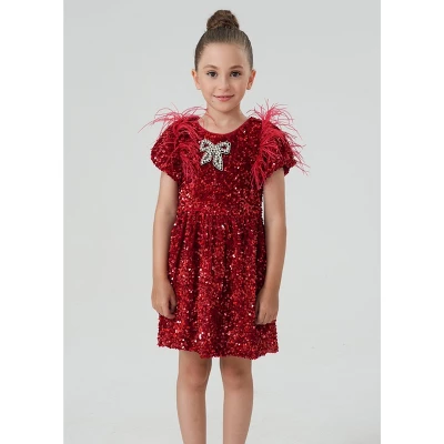 2Bunnies Girls' Christmas New Year Holiday Party Sequin Dress Feather Puff Sleeve 3 2Bunnies Girls' Christmas New Year Holiday Party Sequin Dress Feather Puff Sleeve - Image 3