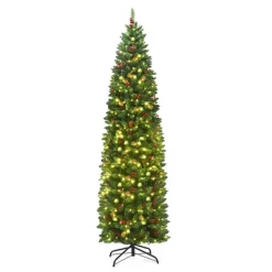 Costway 4.5Ft6.5Ft7.5Ft Pre-lit Hinged Pencil Christmas Tree W/Pine Cones Red Berries & 150250350 Lights -Festival Store GUEST f2dcab7d 8545 473c aa9f 228e1fcb6e14