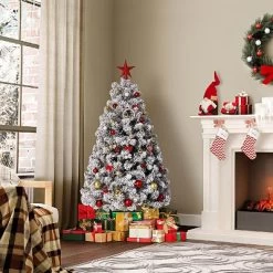 Acekool Pre-Lit Snow Flocked Artificial Tree With Warm White Lights, Small Tree With Foldable Metal Stand, Indoor Holiday Decor
