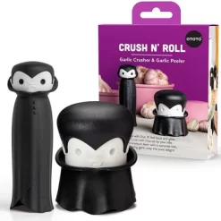 Ototo 2pc Crush N’ Roll Garlic Crusher And Peeler Silicone And Plastic Kitchen Tool Black/ White